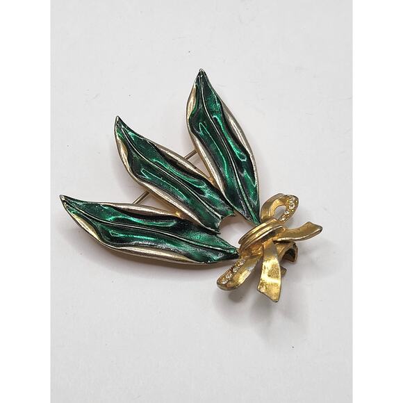Vintage green enamel leaf brooch gold tone bow rhinestones mid-century jewelry - Picture 2 of 8